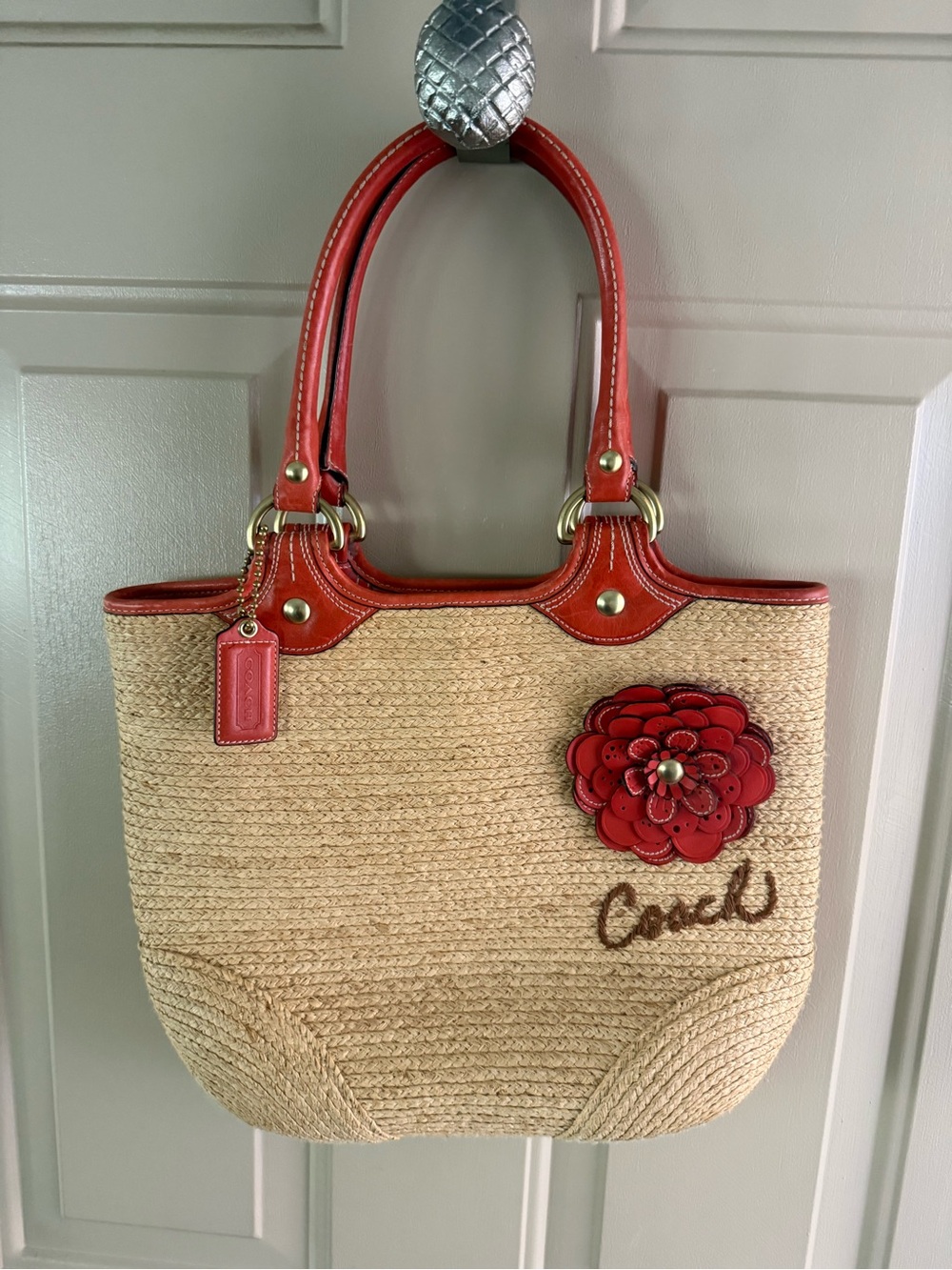 Coach Straw Tote with Red Leather Trim and Floral Applique
